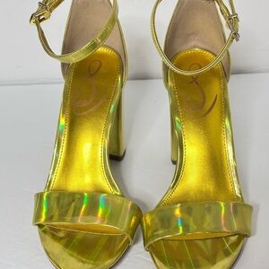 Women’s SAM EDELMAN Yaro 5.5 Sandals Ankle Strap Gold Metallic High Block Heel
